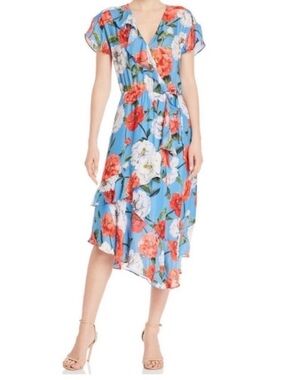 Parker Reina Midi Dress Sz XS Silk Ruffle Assymetrical Floral Print Event Party